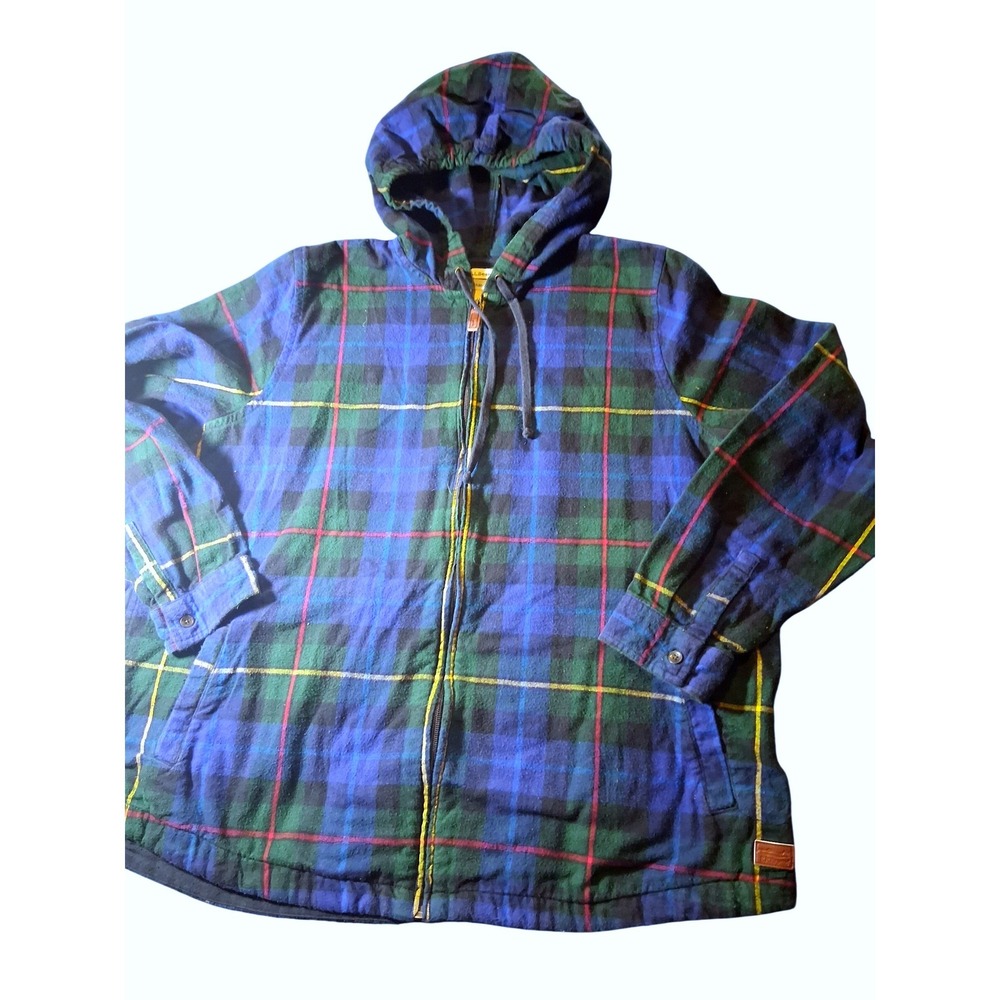 LL‎ Bean Relaxed Fit Hooded Flannel Shirt Jacket Blue Green Plaid Full Zip 1X
